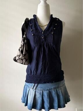 Vintage Navy Studded Boho Tank Top | Fairy Grunge Peasant Babydoll Top